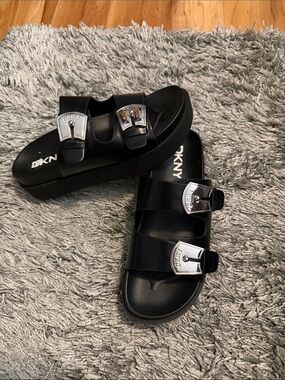 DKNY Black Platform Slide Sandals with Silver Buckles